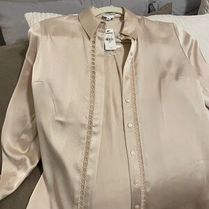 Express Satin Blouse - Portofino Slim Womens Satin Collar Button Blouse - beige